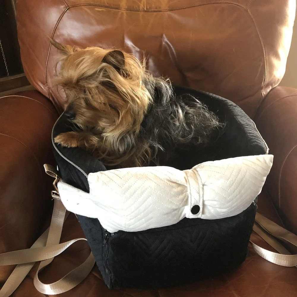 Small Dog Car Seat Booster Carrier Plush Black Velour Bow Tether Straps Non-Slip